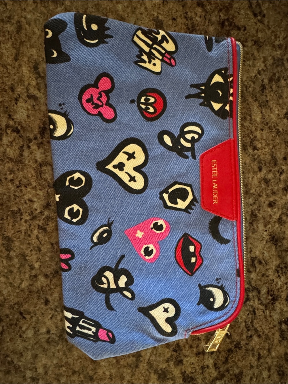 Estée Lauder Blue Cosmetic Pouch with Pink & Black Accents
